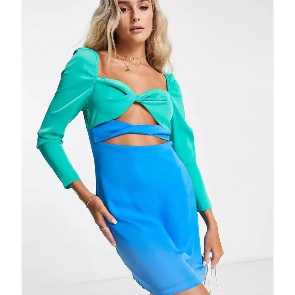 The Frolic Twist Front Satin Shift Mini Dress.